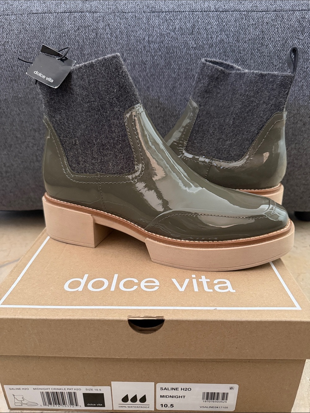 New Dolce Vita Olive Patent Chelsea Boot with Gray Knit Ankle